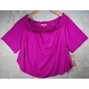Rachel Roy Top Blouse Womens Sz 2X Pink Shirred Off-The-Shoulder Short Sleeve